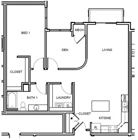 Floor plan for 1 bed, 1 bath, 1093 sqft